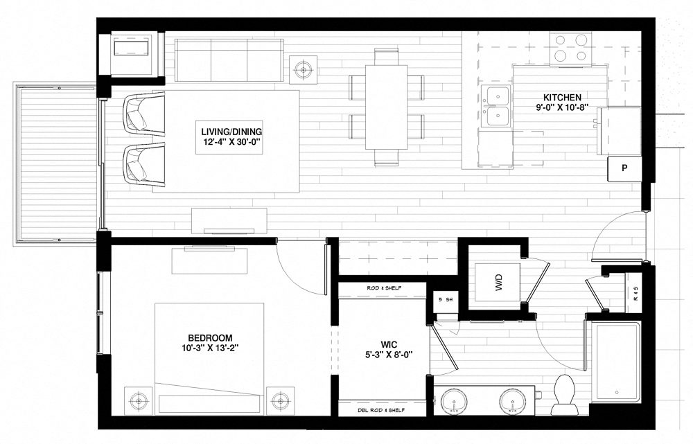 Floor plan for 1 bed, 1 bath, 829 sqft